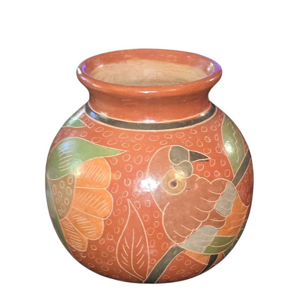 Nicaraguan Pottery Vase Handpainted Etched Round Terracotta Bird Floral 5"X4.75"